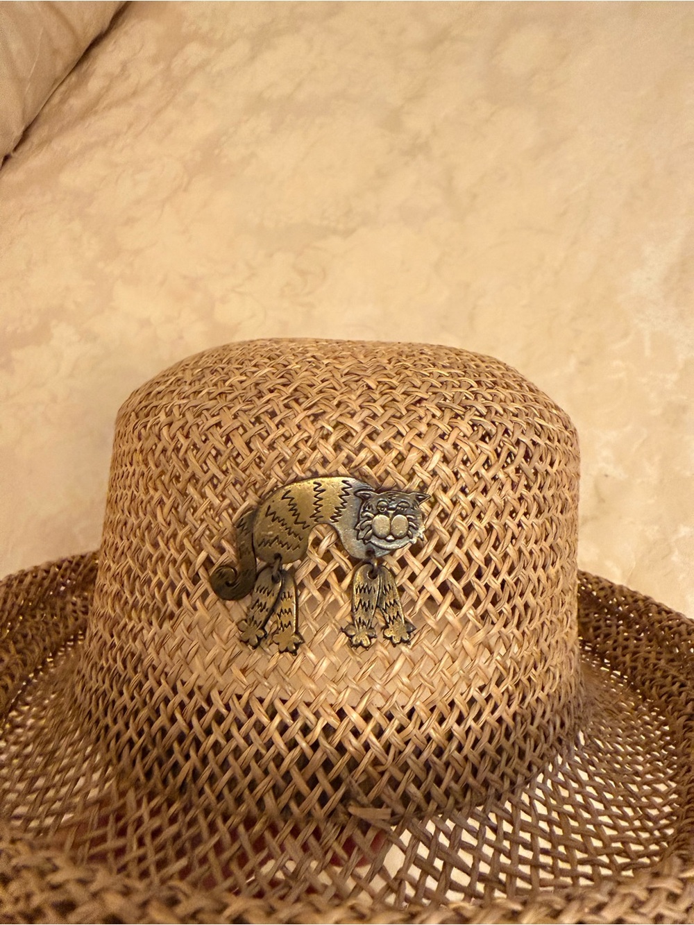 Woven Straw Sun Hat with Cat Brooch